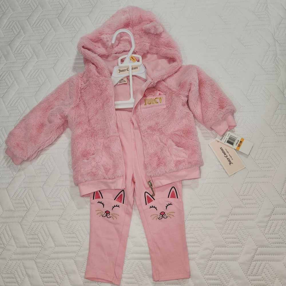 Juicy Couture Baby 12 Month Coat And Pant Clothing Set Faux Fur Pink New Hooded